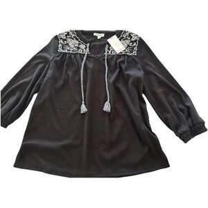 New Westbound Tunic Top PS Black & White Embroidered Tie Tassels‎ Boho Petite S